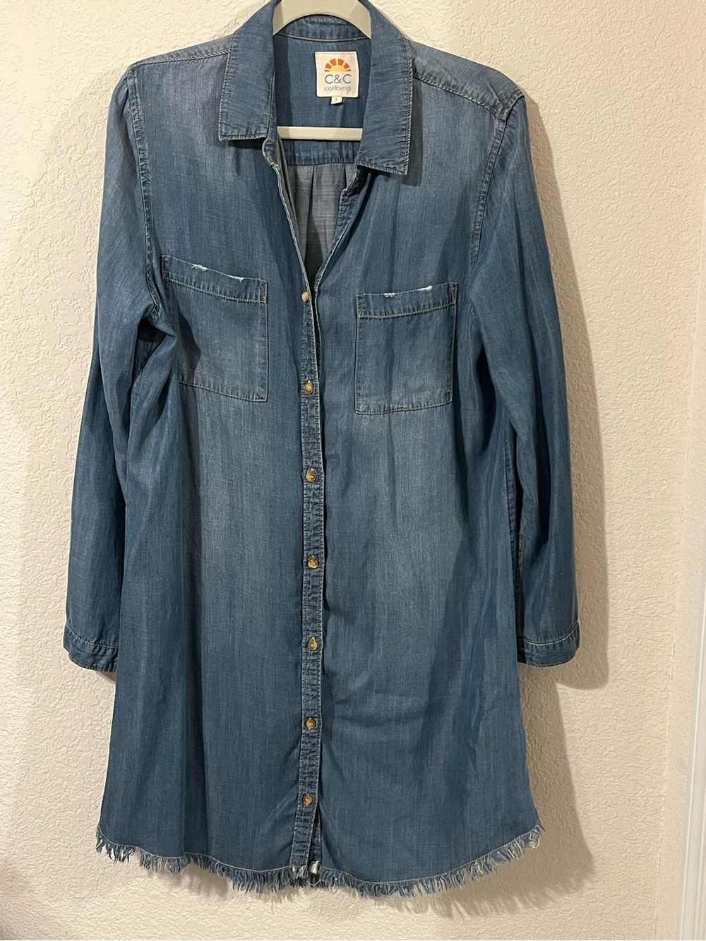 C&C California Light Blue Denim Button-Front Shirt Dress L long sleeve Cowgirl